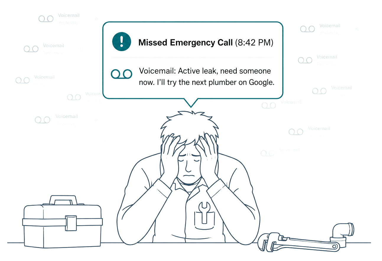 Stressed plumber surrounded by drifting missed-call and voicemail signals